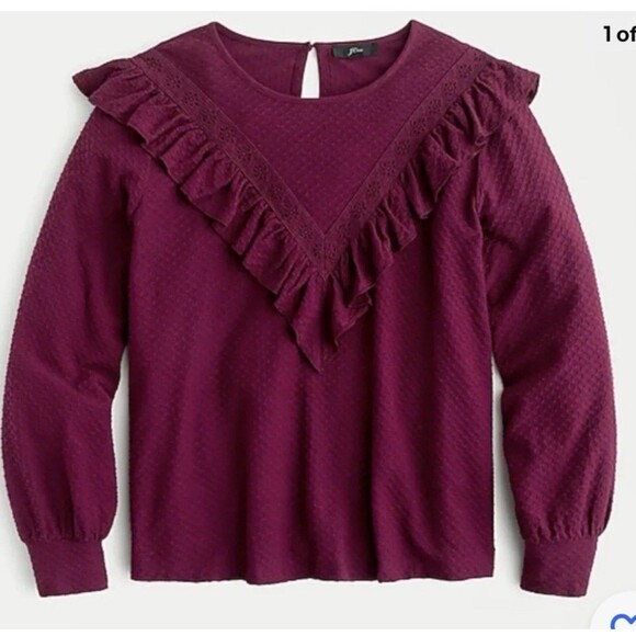 J.CREW Tops - J.CREW Burgundy Ruffle Trim Honeycomb Knit Blouse Top Shirt Small
